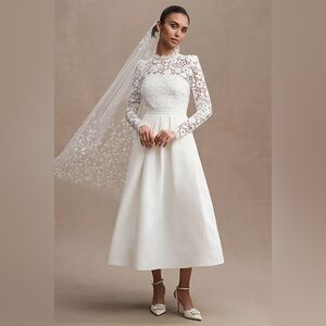 Sachin & Babi Cecelia Lace-Sleeve A-line Pleated Midi Dress Bridal White Ivory 2